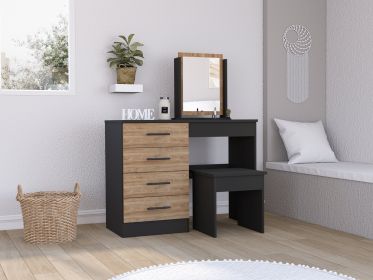 Kaia Makeup Vanity, Four Drawers, One Mirror, Stool -Black / Pine