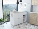 Kitchen Island Cart Victoria, Four Interior Shelves, Six Carters, One Drawer, Double Door Cabinet -White / Light Oak