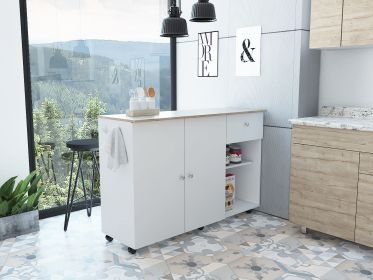 Kitchen Island Cart Victoria, Four Interior Shelves, Six Carters, One Drawer, Double Door Cabinet -White / Light Oak