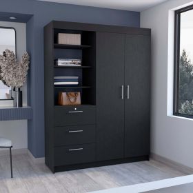 Kenya 3 Drawers Armoire, Double Door, 3-Tier Shelf -Black