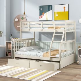 Twin Over Full Bunk Bed with Storage Drawers, Wooden Bunk Bed with Ladder and Safety Guard Rails –Cream