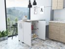 Kitchen Island Cart Victoria, Four Interior Shelves, Six Carters, One Drawer, Double Door Cabinet -White / Light Oak