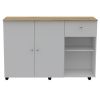 Kitchen Island Cart Victoria, Four Interior Shelves, Six Carters, One Drawer, Double Door Cabinet -White / Light Oak